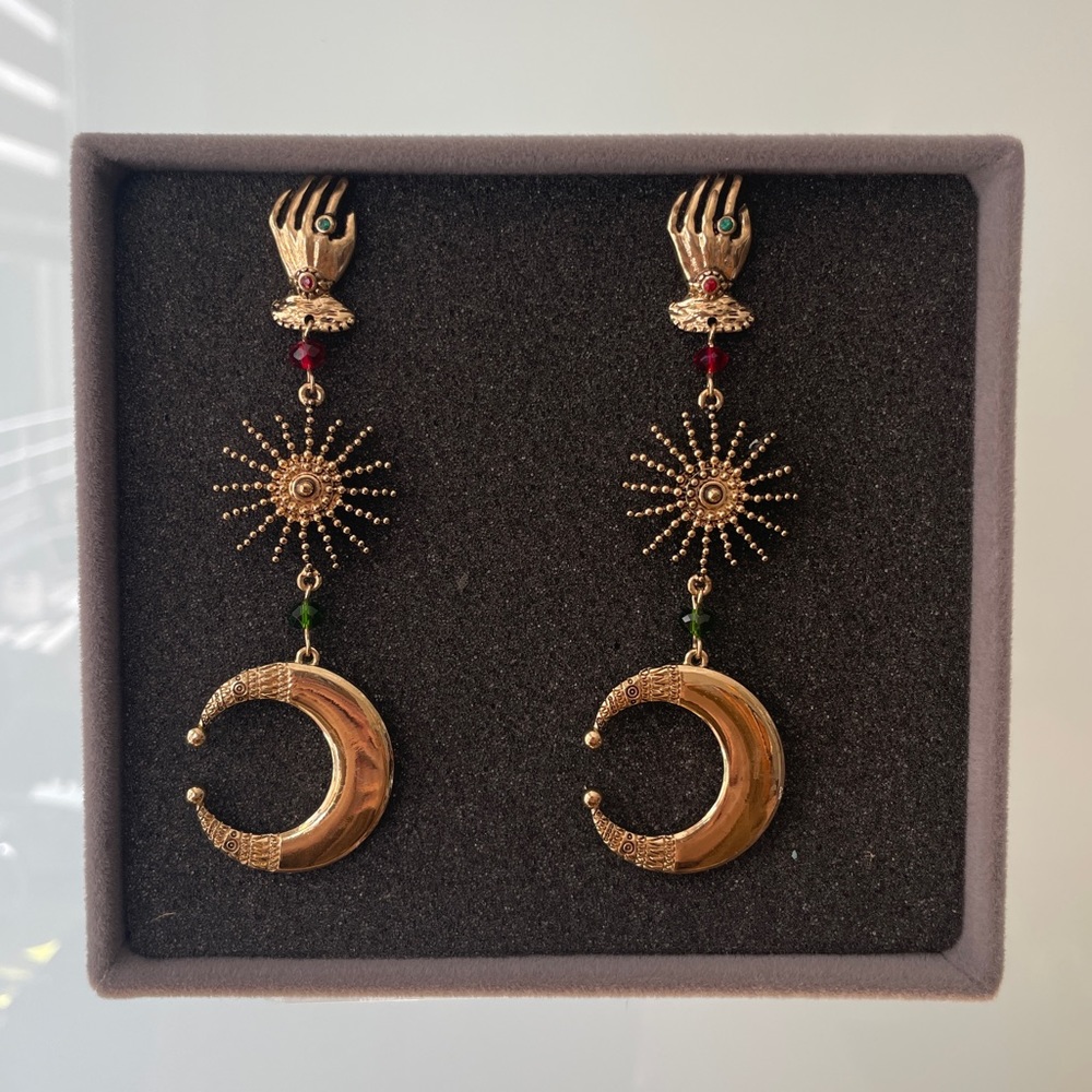 Nature Hand & Moon Statement Earrings - Ornate Dangles *Halloween Special*